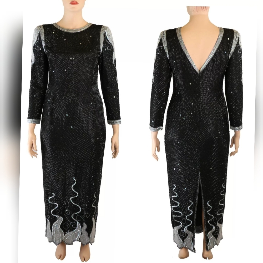 Neiman Marcus Vintage 80s Black Silver Heavily Beaded Formal Party Prom Dress 14